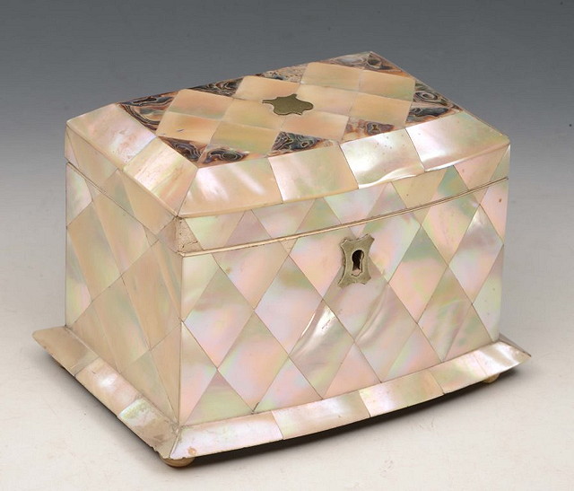 Appraisal: A VICTORIAN MOTHER OF PEARL BOW FRONTED TEA CADDY cm