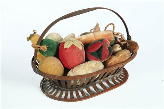 Appraisal: TIN BASKET OF VELVET FRUIT Nineteenth century Oblong footed tin