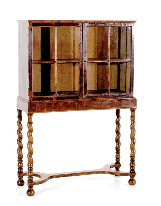 Appraisal: Jacobean style oyster walnut cabinet on stand th century rectangular