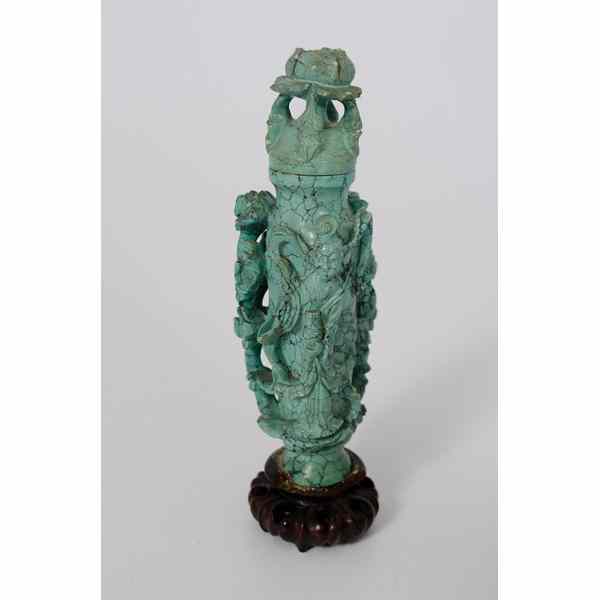 Appraisal: Turquoise Lidded Vase Chinese An elaborately carved lidded turquoise vase