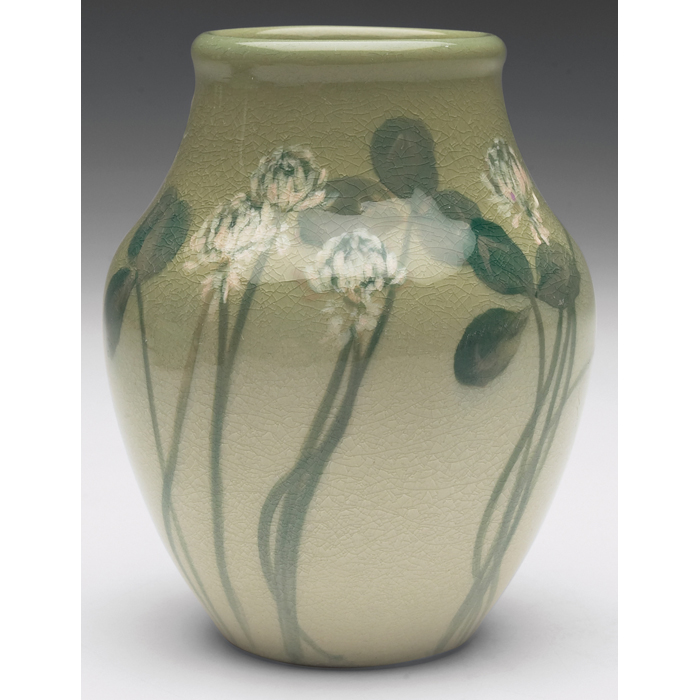 Appraisal: Rookwood vase bulbous shape in anIris glaze nicely painted clover