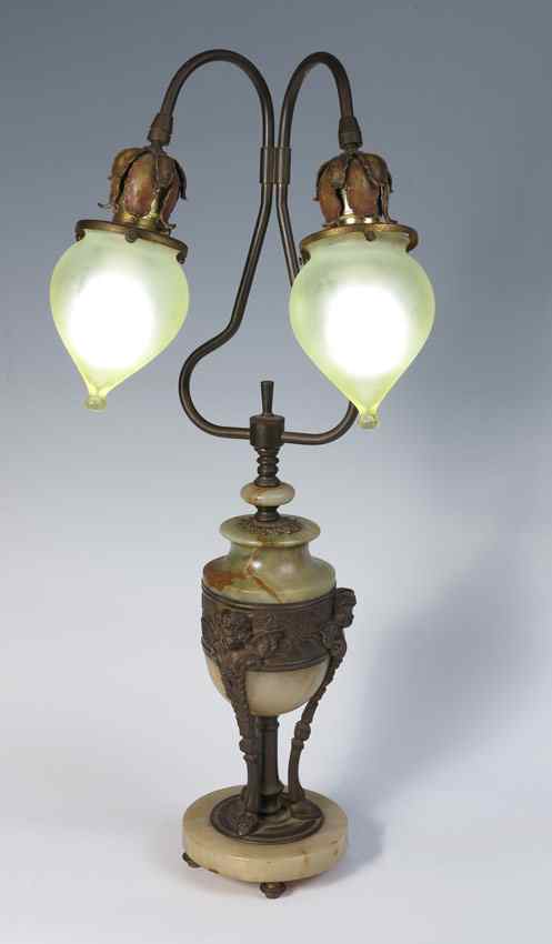 Appraisal: 'S ONYX LAMP WITH VASELINE GLASS SHADES Green onyx body