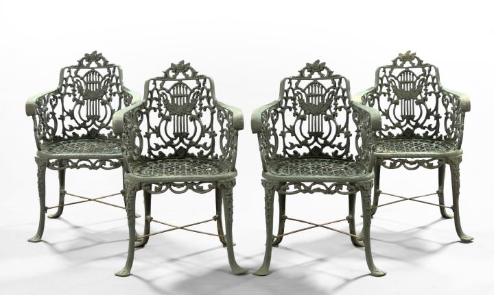 Appraisal: Suite of Four Victorian-Style Polychromed Cast-Aluminum Garden Armchairs with lyre