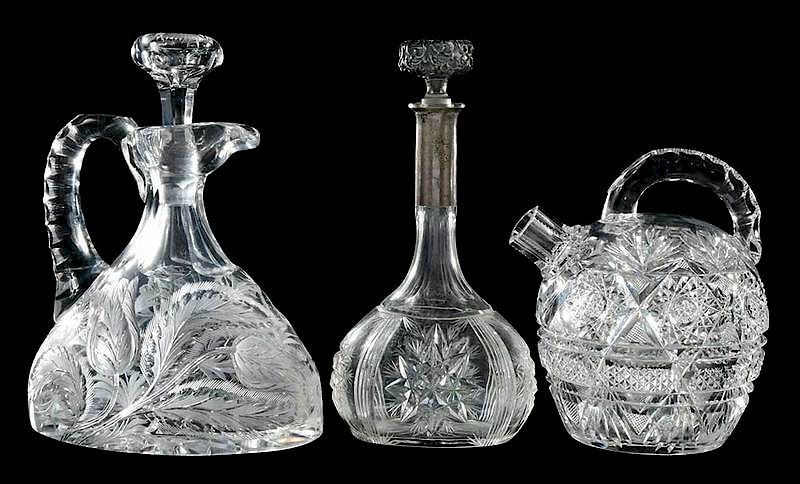 Appraisal: Three Cut Glass Decanters Shotten one with sterling collar and