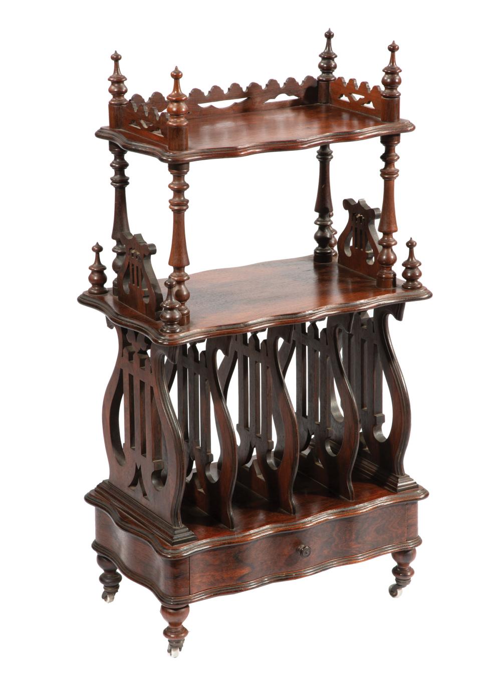 Appraisal: William IV Carved Rosewood Canterbury th c turned finials and