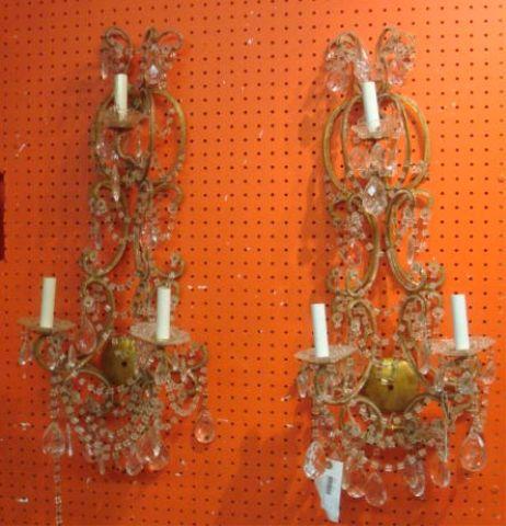 Appraisal: Pair of Gilt Metal Crystal and Beaded Sconces From a