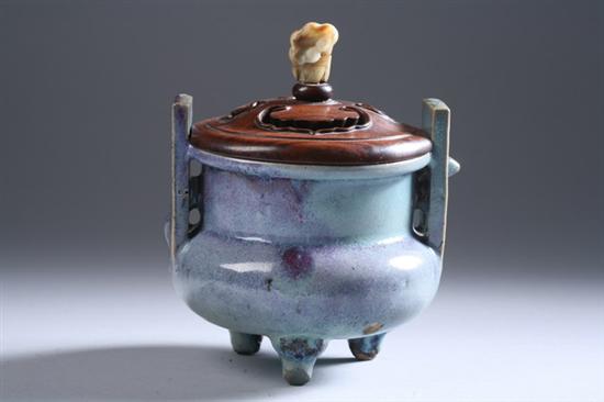 Appraisal: CHINESE JUN STONEWARE CENSER With bomb body upright handles wood