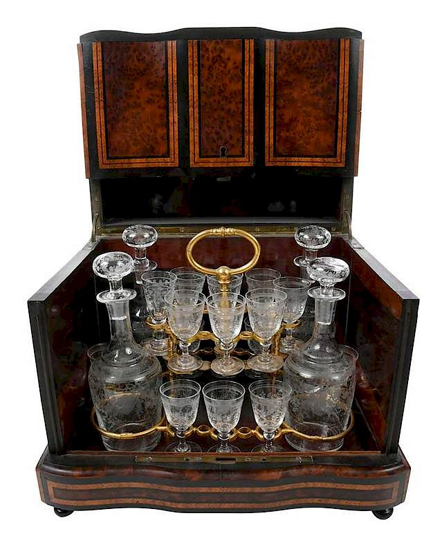 Appraisal: French Burl Wood Tantalus with Cordial Set th century finely