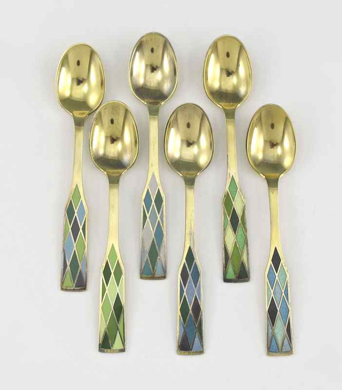 Appraisal: SET OF GEORG JENSEN ENAMEL SPOONS Set of vermeil and