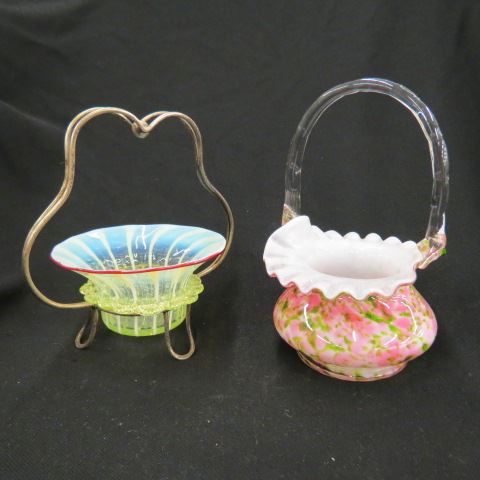 Appraisal: Art Glass Baskets vaseline and mottled pink green cased glass