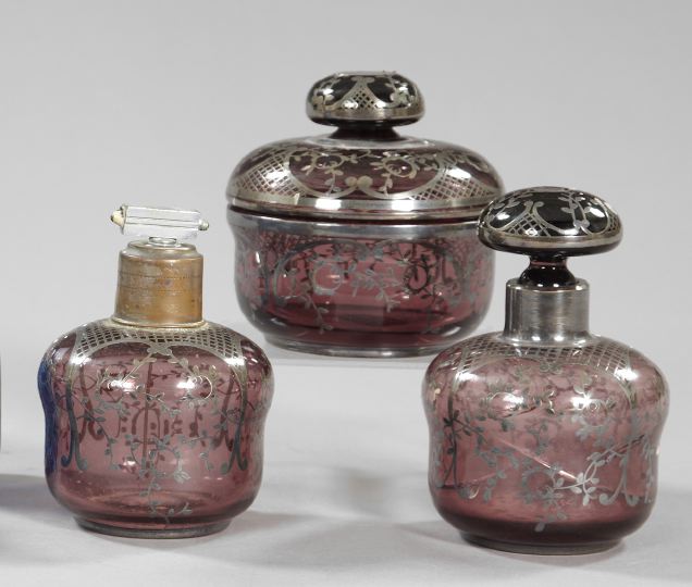 Appraisal: Three-Piece Continental Silver-Deposit Glass Dresser Set in amethyst glass second