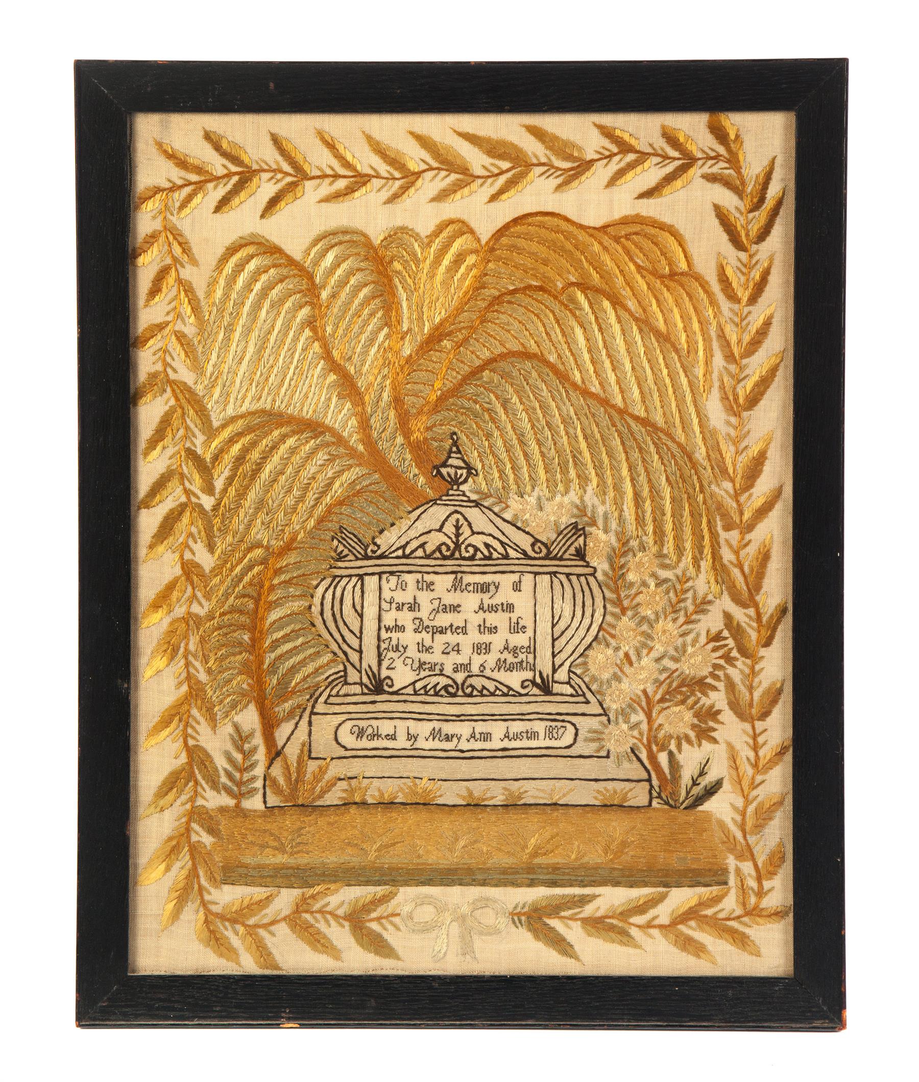 Appraisal: MEMORIAL NEEDLEWORK American dated silk on linen Full willow tree