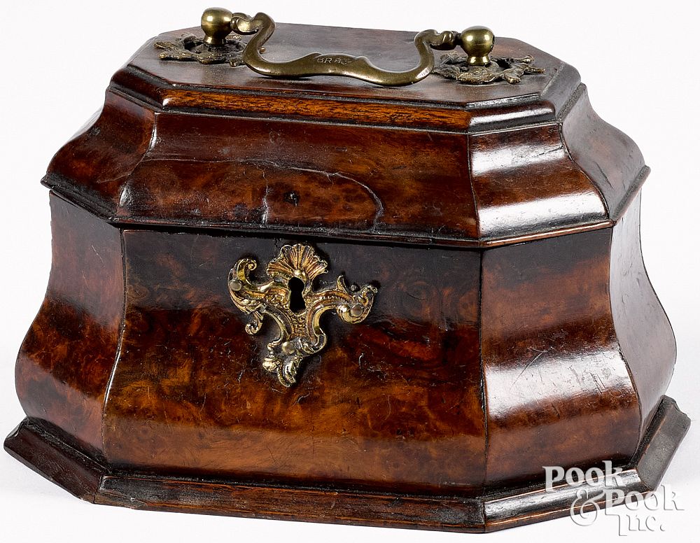 Appraisal: George II burl veneer bombe-form tea caddy George II burl