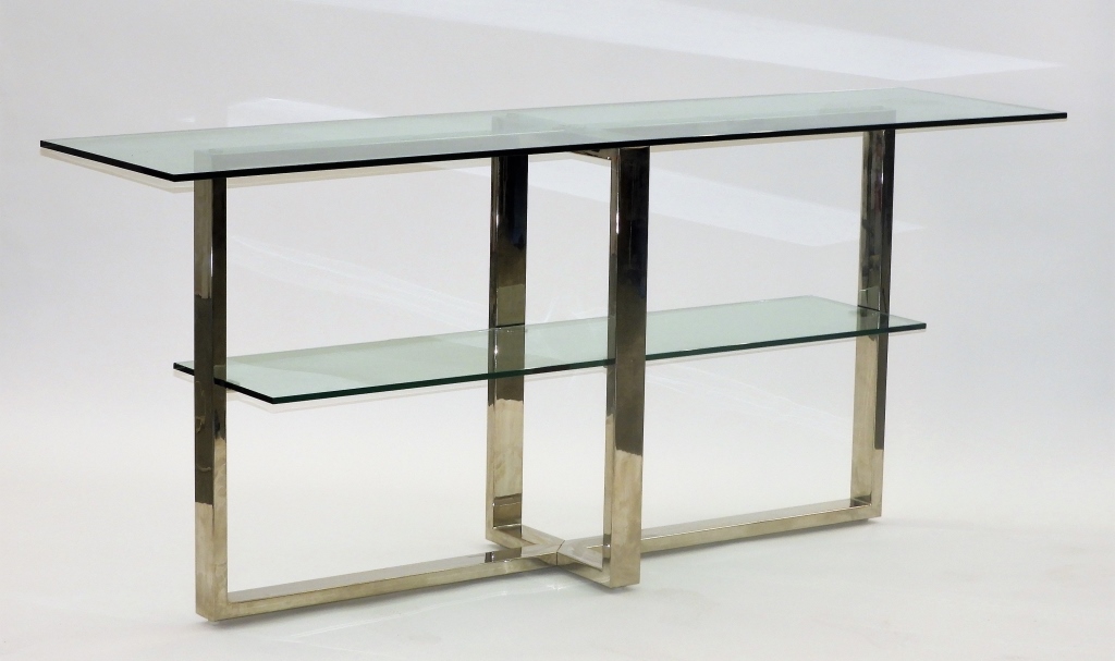 Appraisal: WILLIAMS-SONOMA CHROME GLASS SOFA CONSOLE TABLE ContemporaryMinimalist rectangular tubular chrome