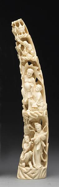 Appraisal: An ivory tusk carving of various immortals Depicting five male