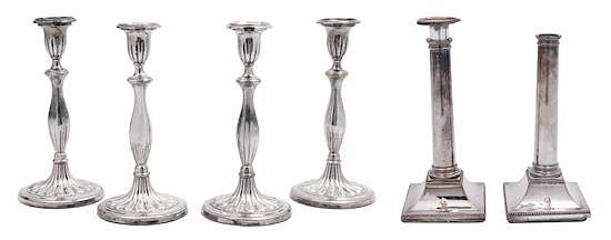 Appraisal: A Pair of Sheffield Plate Columnar Candlesticks and a Set