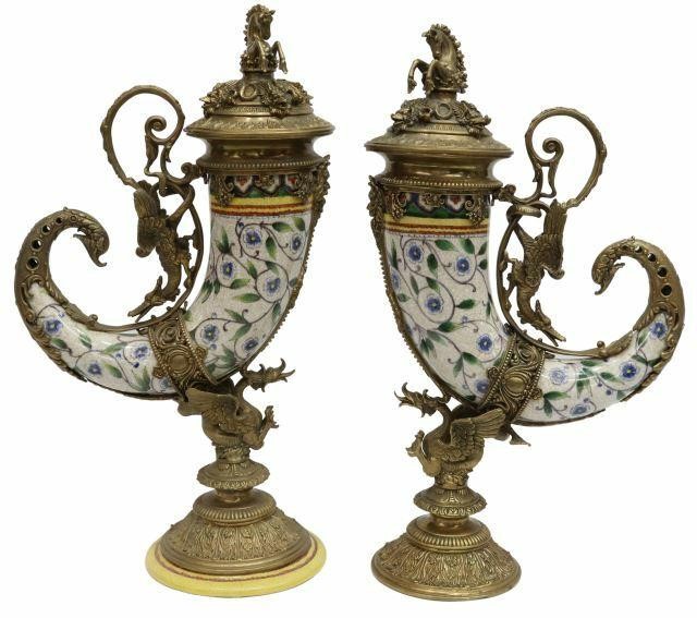 Appraisal: pair Large Decorative lidded and metal-mounted porcelain hunting horn garnitures