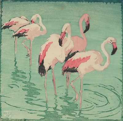 Appraisal: Helene Tupke-Grande German - Flamingos Color woodcut print on paper