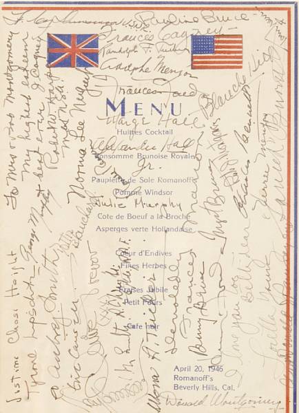 Appraisal: A Romanoff's menu signed by various movie stars A small