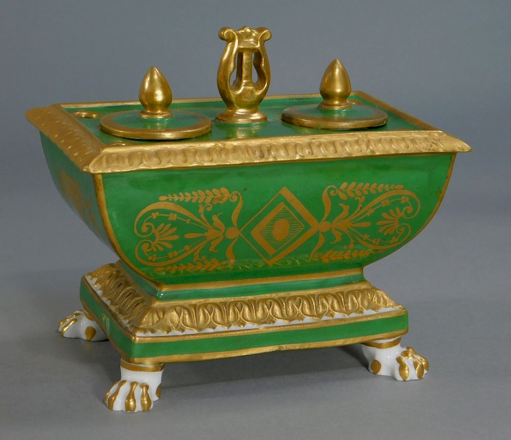 Appraisal: French Napoleonic Sevres Green Porcelain Inkwell France th Century Rectangular