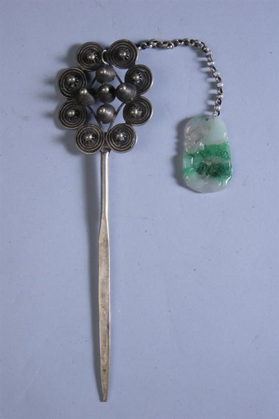 Appraisal: CHINESE MIAO CULTURE NICKEL SILVER HAIR PIN AND JADE PENDANT