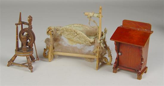 Appraisal: Doll House Furnishings Circa Swinging bassinet spinning wheel and a