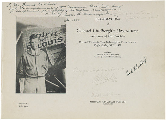 Appraisal: LINDBERGH CHARLES A Decorations Trophies Signed on the title-page Oblong