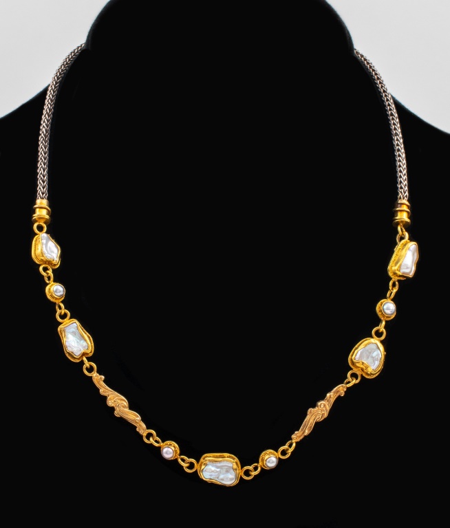 Appraisal: K K YELLOW GOLD PEARLS SILVER CHAIN NECKLACE K K