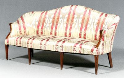 Appraisal: Hepplewhite mahogany upholstered sofa arched back shaped mahogany arm supports