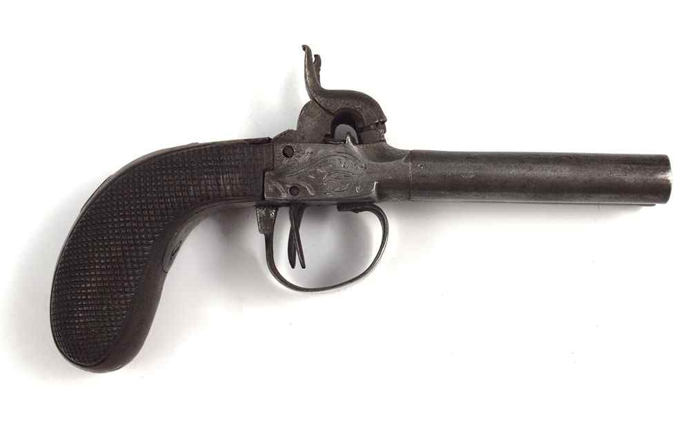 Appraisal: BELGIAN DOUBLE BARREL PERCUSSION BOOT PISTOL Engraved frame with Belgian