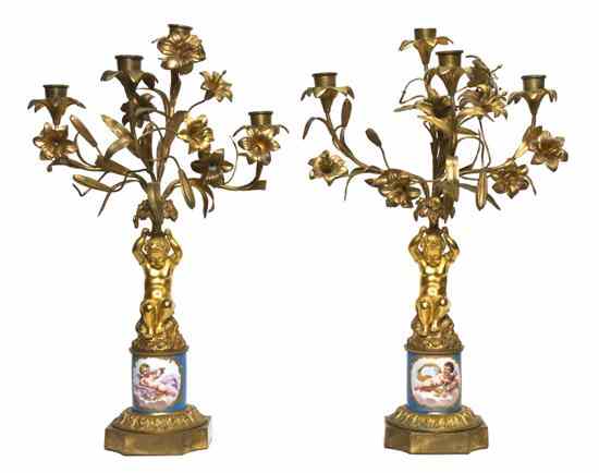 Appraisal: A Pair of Gilt Bronze and Sevres Style Porcelain Mounted