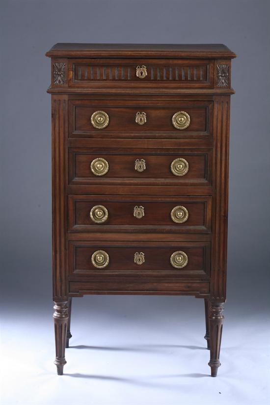 Appraisal: LOUIS XVI STYLE FRUITWOOD FIVE-DRAWER CHEST th century with gilt-metal