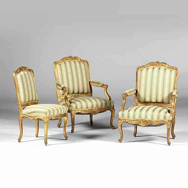 Appraisal: Louis XV-style Giltwood Armchairs Side Chair British th century A