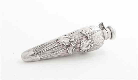 Appraisal: An American Aesthetic Silvered Metal Lady's Flask having a flattened