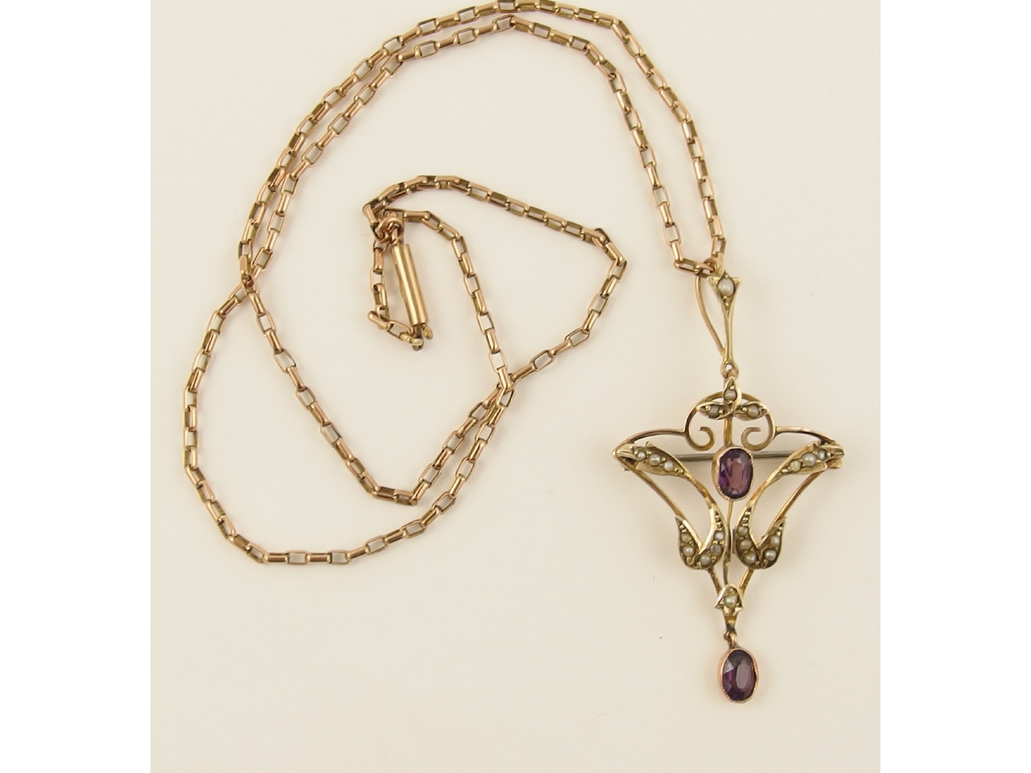 Appraisal: A ct Edwardian pearl and amethyst set pendant and chain