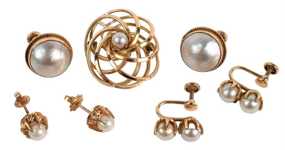 Appraisal: Seven Piece Gold and Pearl Lot to include a pair