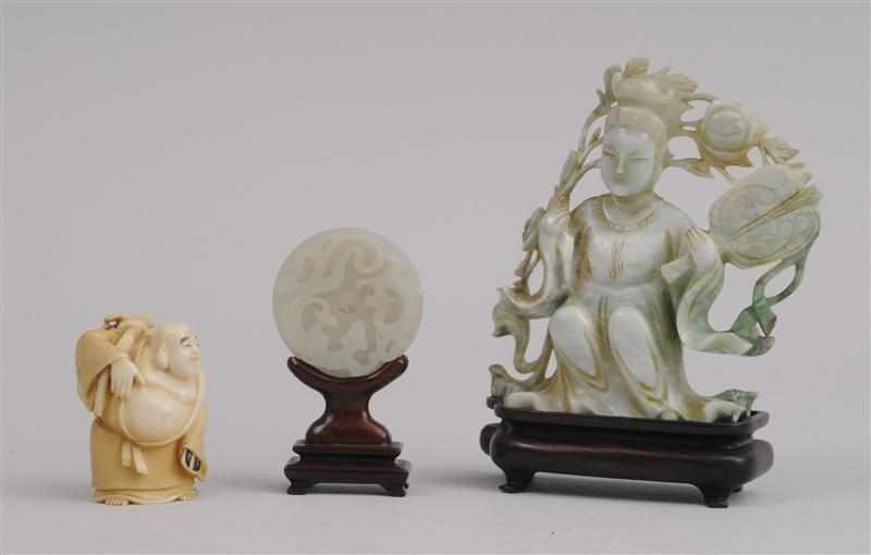 Appraisal: CHINESE CARVED JADE DISC A JADEITE FIGURE AND A JAPANESE