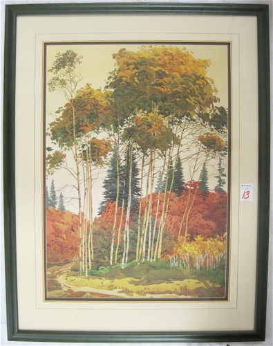 Appraisal: KEITH THOMPSON COLOR PRINT titled Tall Stand A colorful wooded