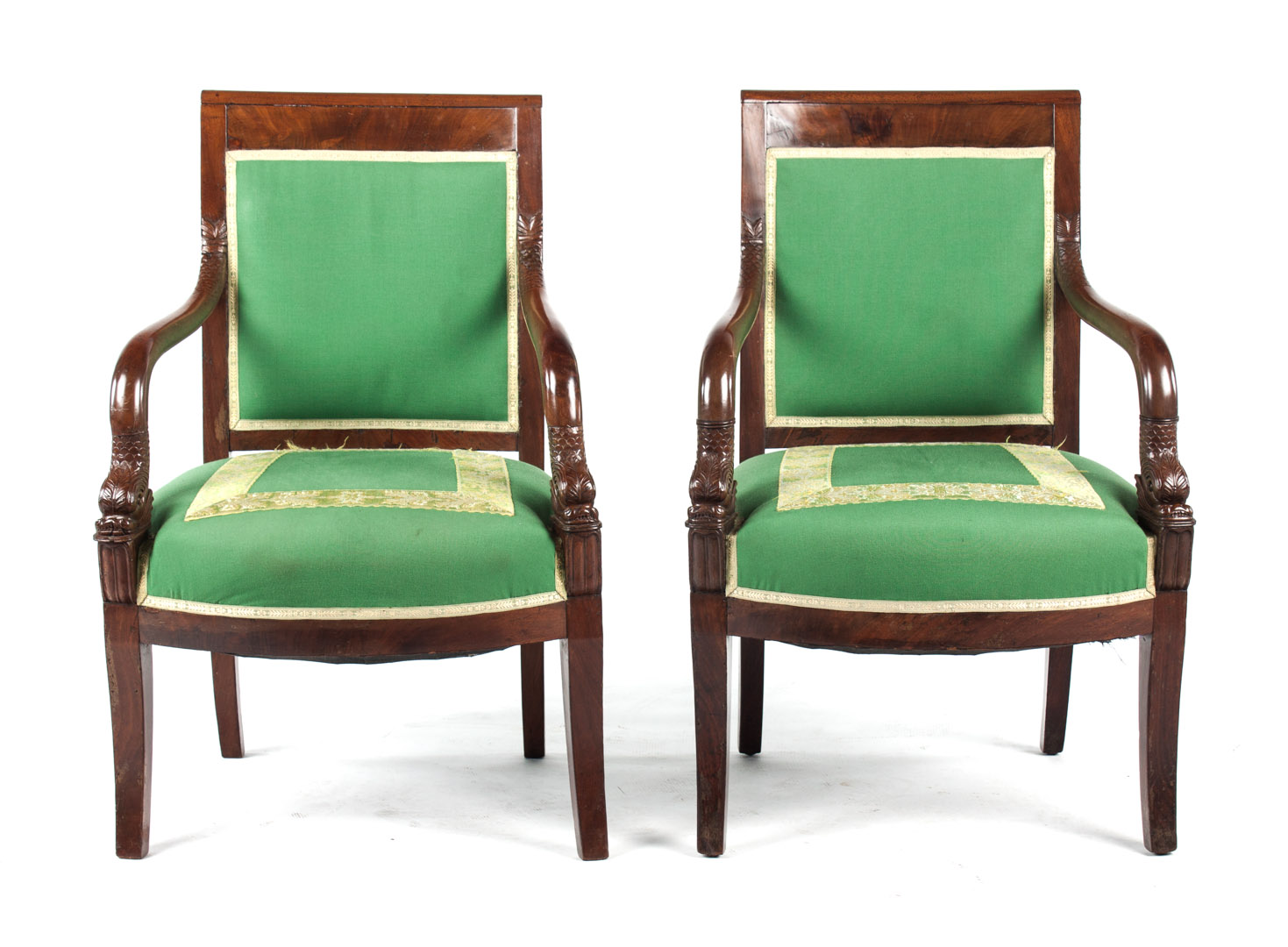 Appraisal: Pair of French Empire style mahogany armchairs th century carved