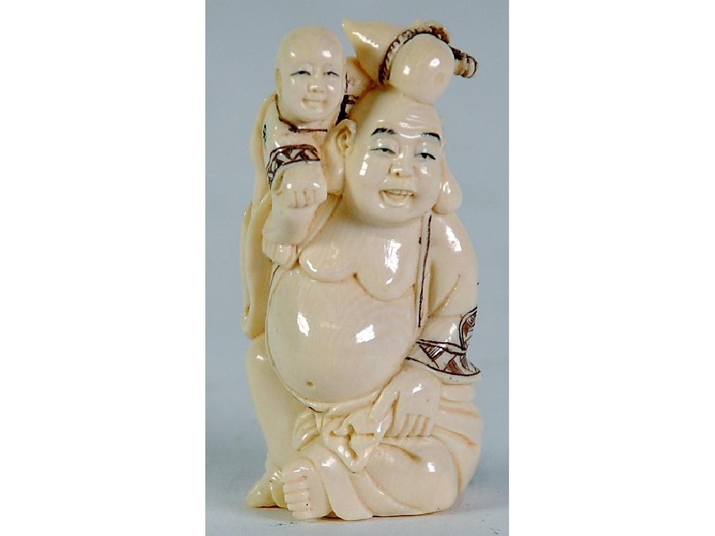 Appraisal: TWENTIETH CENTURY CARVED STAINED AND INCISED IVORY NETSUKE of Hotei