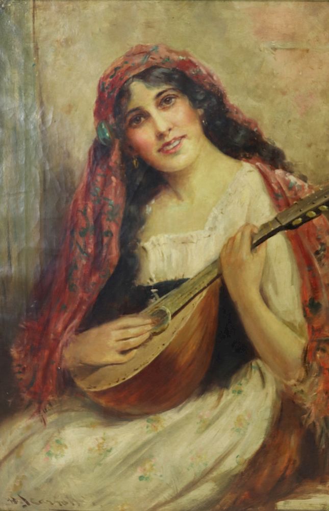 Appraisal: W J Carroll Signed Oil On Canvas Lady With Mandolin