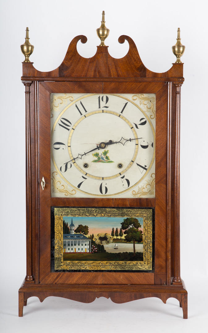 Appraisal: Eli Terry mahogany pillar and scroll clock circa eglomise panel