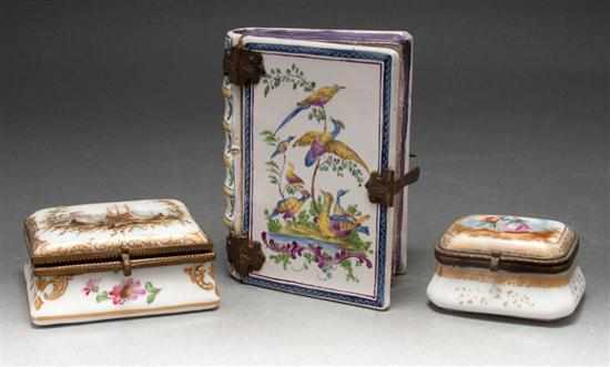 Appraisal: Three French gilt-metal-mounted porcelain and faience vanity boxes th century