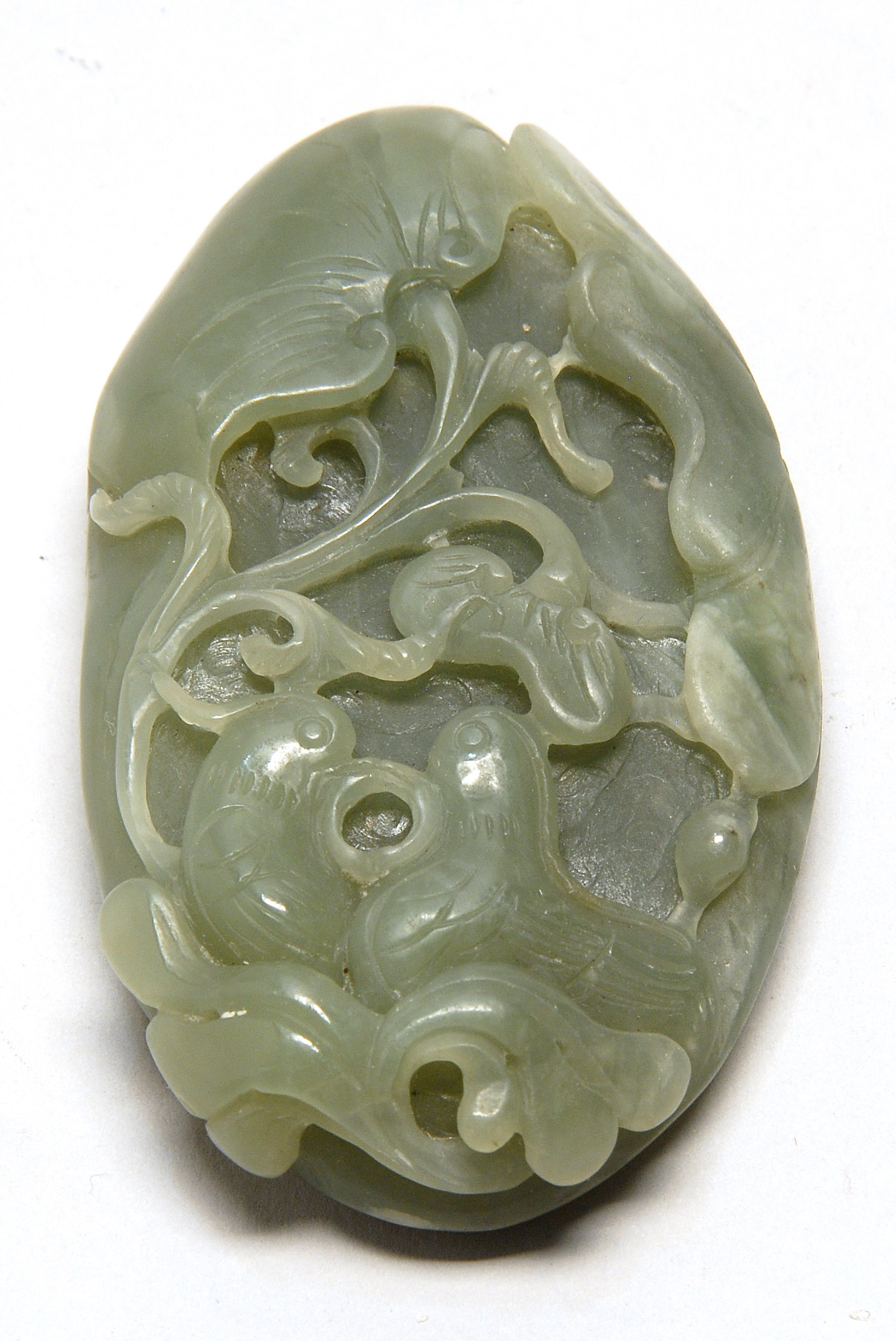 Appraisal: GREEN JADE PENDANT In the form of mandarin duck and