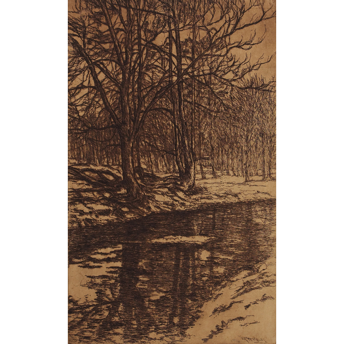 Appraisal: E T Hurley etching creek scene with bare trees signed