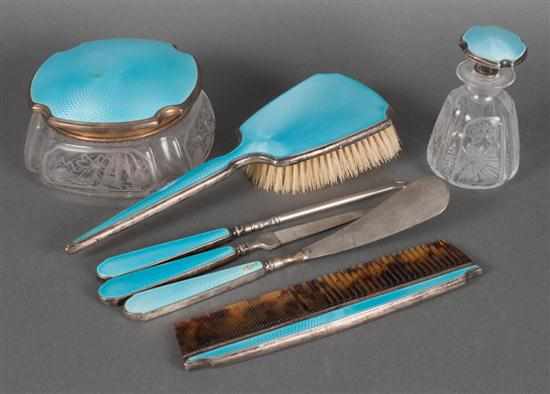 Appraisal: American sterling silver and guilloche enamel partial dresser set The