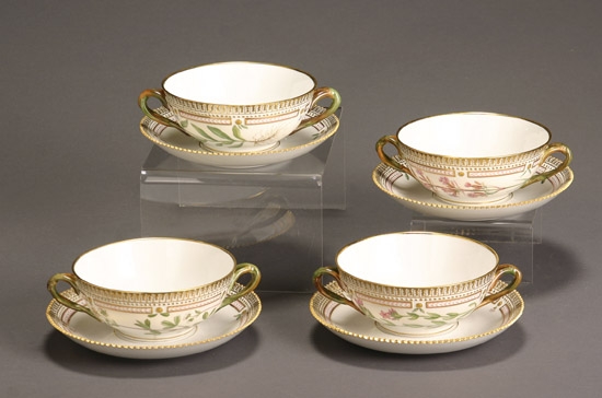 Appraisal: Four Royal Copenhagen 'Flora Danica' Cream Soup Cups and Stands