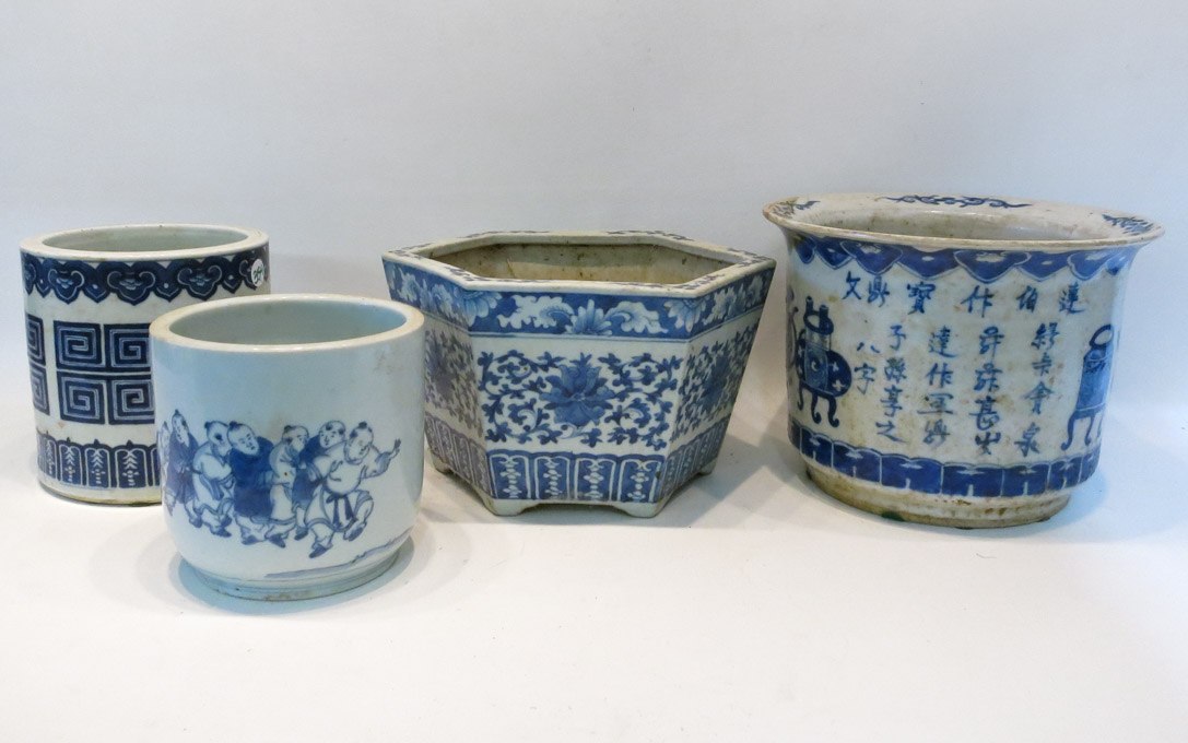 Appraisal: FOUR CHINESE PORCELAIN BLUE AND WHITE JARDINIERES in differing patterns