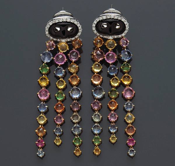 Appraisal: A pair of multi-color sapphire tsavorite garnet diamond and enamel