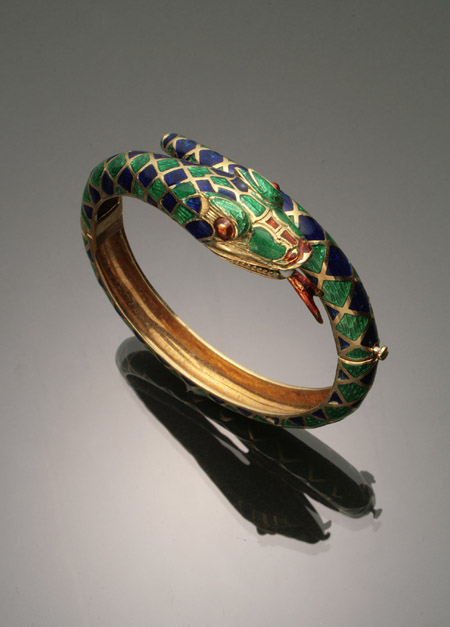 Appraisal: Italian -Karat Yellow-Gold Royal-Blue Green and Rust Enamel 'Serpent' Bangle